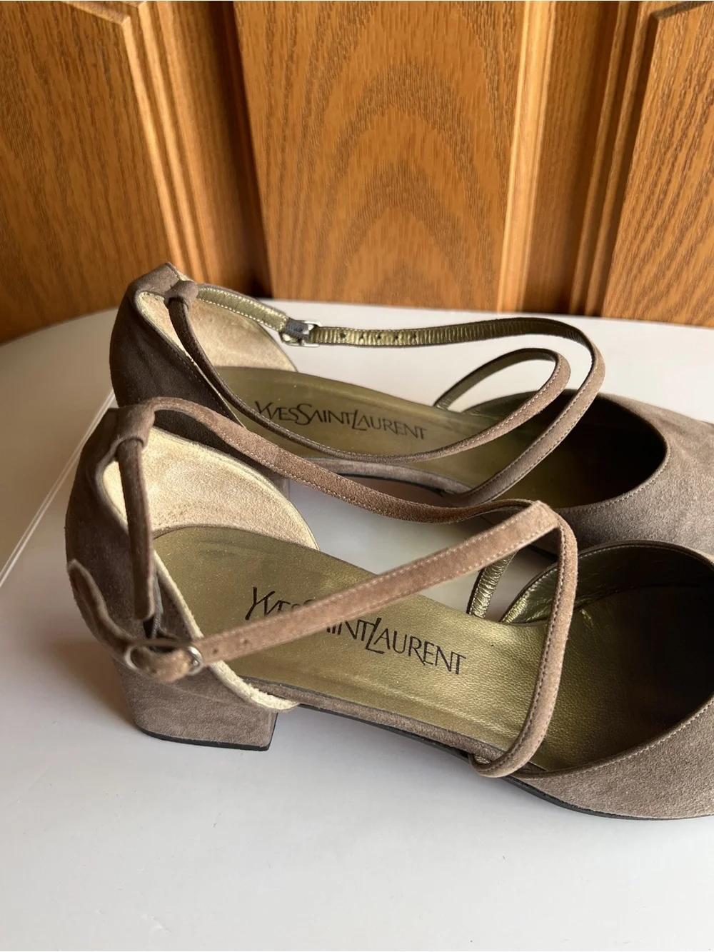 Vintage Yves Saint Laurent Taupe Suede D'Orsay Cross Strap Pumps Size 10M